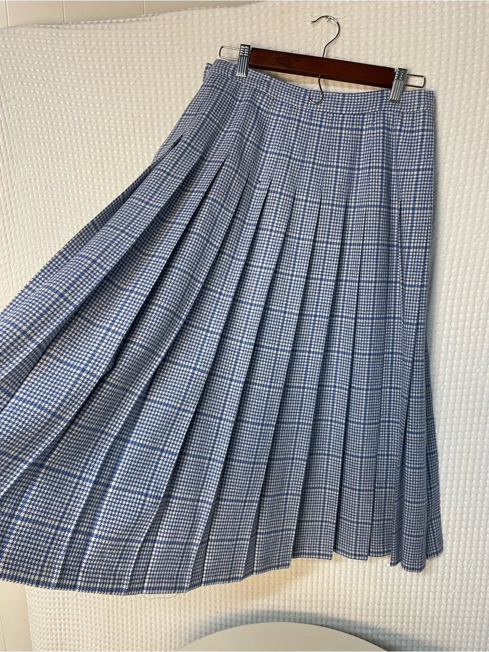 70s 80s VINTAGE PENDLETON Pleated Skirt Houndstooth Blue & White WOOL - Picture 8 of 16